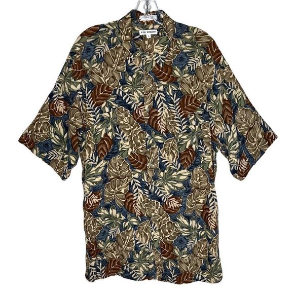 Via Veneto Shirt Mens Large Green Tan Floral Hawaiian Tropical Vacation Cruise - Picture 1 of 6